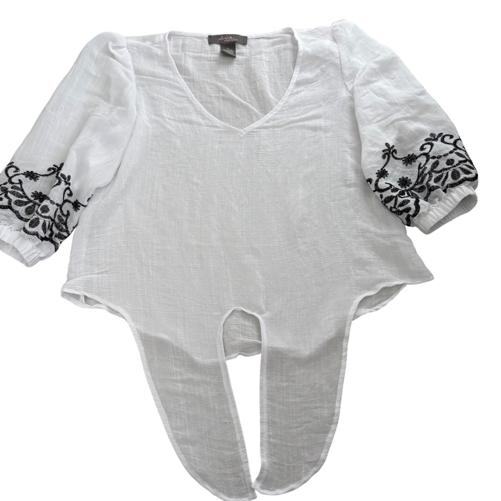 Olivia & Martin‎ White Embroidered Tie Front Gauze Blouse V-Neck SM Lightweight
